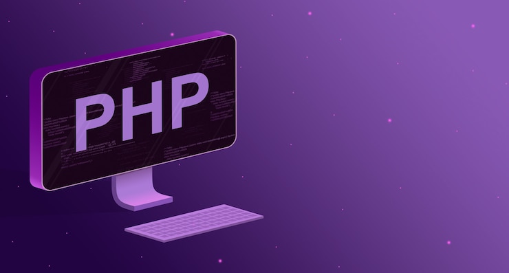 Photo computer with elements of program code on the screen and the inscription php and a keyboard on a purple background 3d