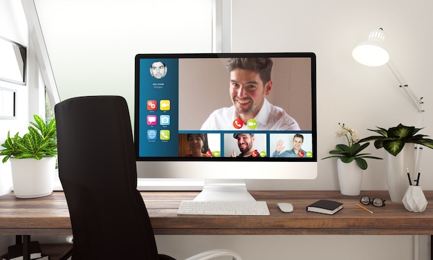 Computer with video conference on table 3d rendering