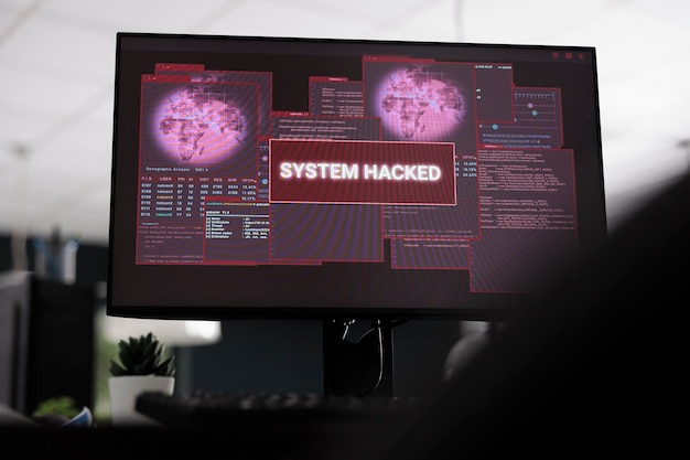 Computers displaying hacked system alert message showing on screen, flashing security breach warning. Empty software developer big data office with multiple monitors running malfunction. Close up