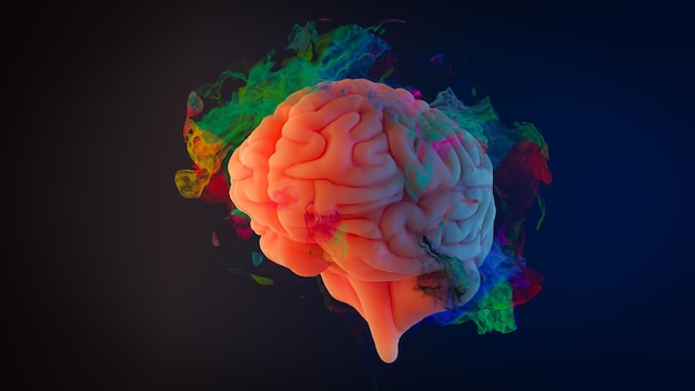 Concept background with colorful smoke showing a brain addicted to dopamine 3d rendering