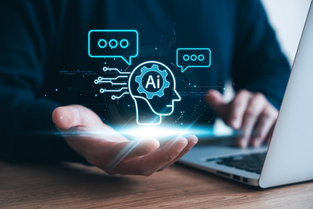 Concept Humans work together with artificial intelligence humans use intelligent AI technology to solve problems in different ways feeding AI commands to help solve problems that humans cant solve