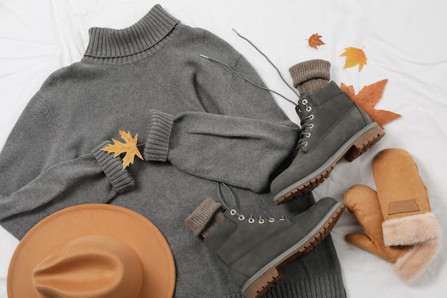 Concept of autumn clothes autumn season wardrobe