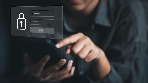 Concept of cyber security user type login and password keeping user personal data safe encryption secure internet access cyber securityx9