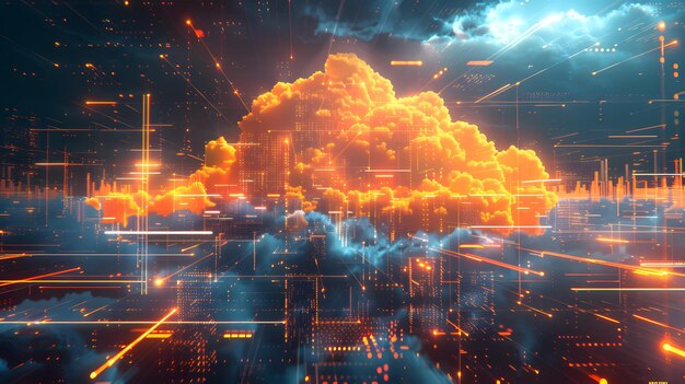 conceptual cloud computing interface hovering above a digital device showcasing futuristic data visualization and advanced technology in a dynamic glowing environment