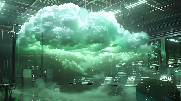 conceptual cloud computing interface hovering above a digital device showcasing futuristic data visualization and advanced technology in a dynamic glowing environment