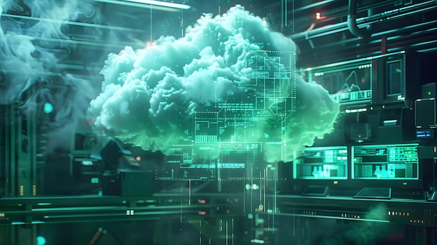 conceptual cloud computing interface hovering above a digital device showcasing futuristic data visualization and advanced technology in a dynamic glowing environment