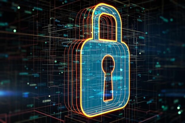 confidentiality of cyber data or privacy protection concept with perspective view on digital glowing lock with keyhole on abstract technological background 3d rendering