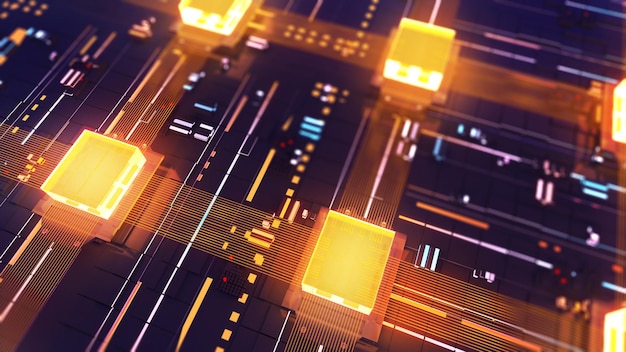 connect multiple processors, running computing technology, technology data transfer, 3d rendering.