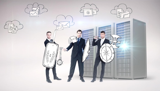 Corporate army against three digital grey server towers