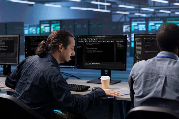 coworkers in data center workspace running system diagnostic tests