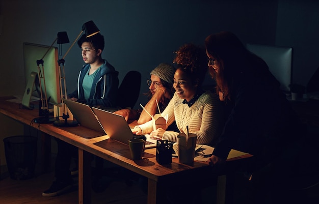 Coworking office computer reading and team review web design cloud computing software or app UI system Website SEO teamwork media analytics dashboard and face of night people work on UX interface