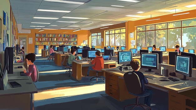 Create an image of the schools computer lab featuring rows of computers desks and students worki