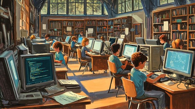 Create an image of the schools computer lab featuring rows of computers desks and students worki