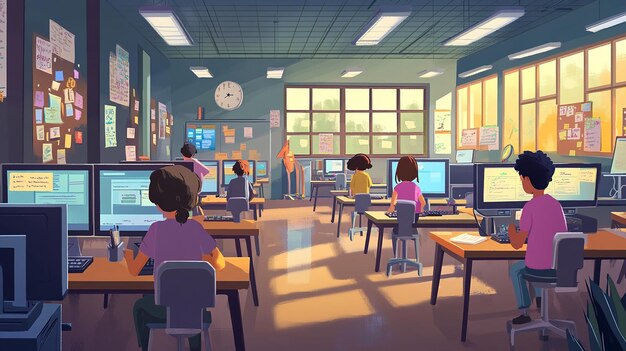 Create an image of the schools computer lab featuring rows of computers desks and students worki