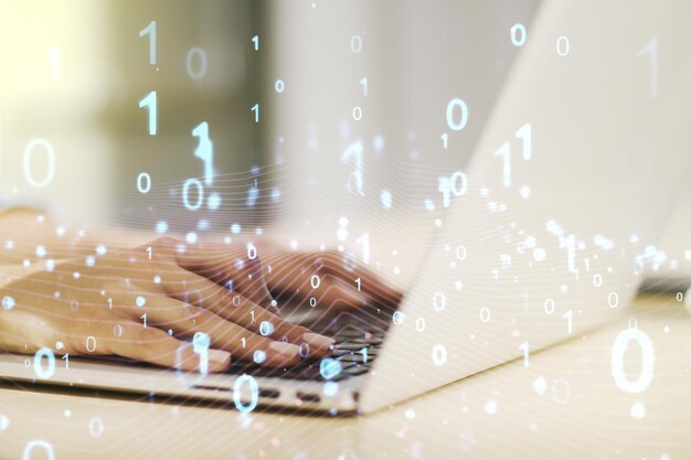 Creative abstract binary code hologram and hands typing on computer keyboard on background AI and machine learning concept Multiexposure