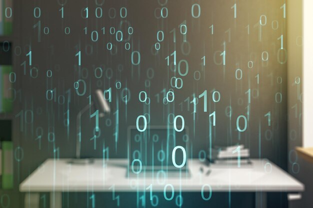 Creative abstract binary code hologram and modern desktop with pc on background AI and machine learning concept Multiexposure