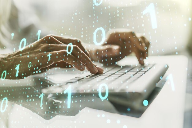 Creative abstract binary code sketch and hands typing on computer keyboard on background hacking and matrix concept Multiexposure