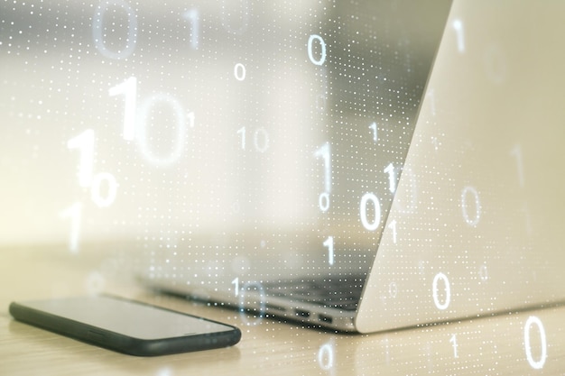 Creative abstract binary code sketch on modern laptop background hacking and matrix concept Multiexposure