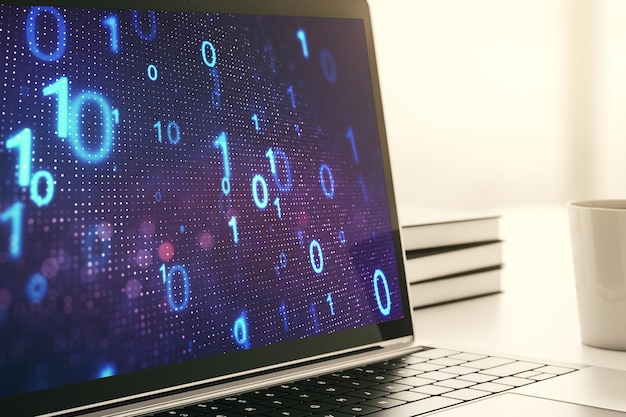 creative abstract binary code sketch on modern laptop monitor hacking and matrix concept 3d rendering