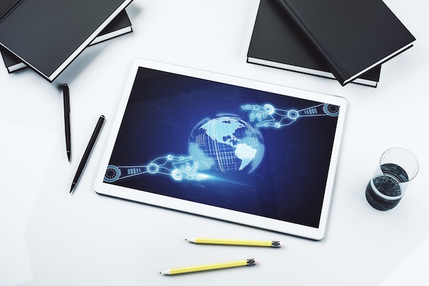 Creative abstract robotics technology hologram with globe on modern digital tablet display artificial intelligence and machine learning concept Top view 3D Rendering
