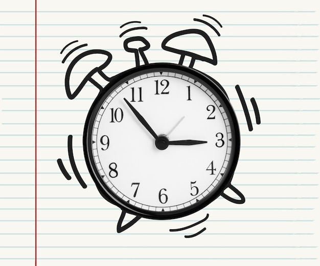 creative alarm clock with clock elements on notebook background education concept