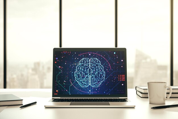Creative artificial Intelligence concept with human brain sketch on modern laptop monitor 3D Rendering
