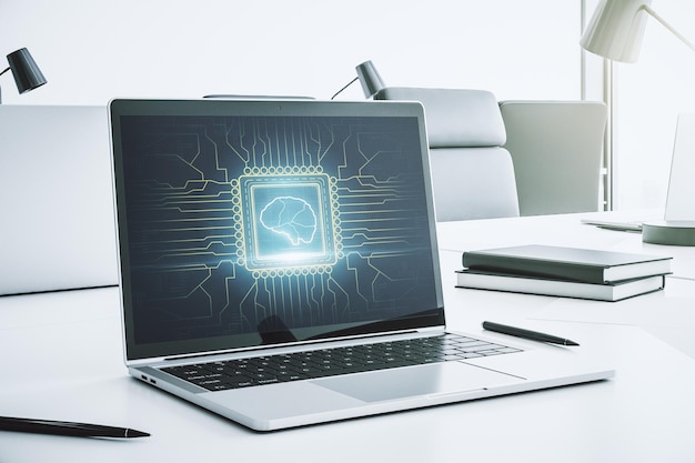Creative artificial Intelligence concept with human brain sketch on modern laptop monitor 3D Rendering