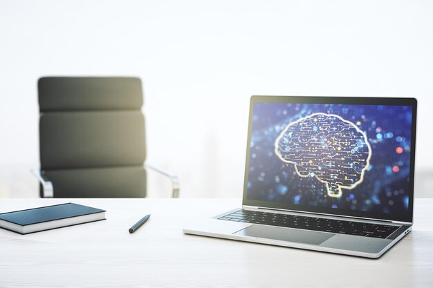 Creative artificial Intelligence concept with human brain sketch on modern laptop monitor 3D Rendering