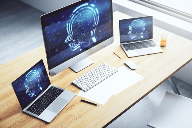 Creative artificial Intelligence concept with human head hologram on modern laptop screen 3D Rendering