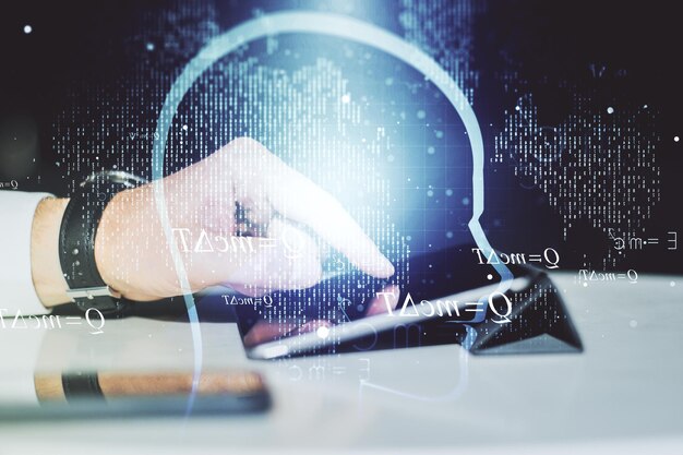 Creative artificial Intelligence concept with human head sketch and finger presses on a digital tablet on background Double exposure