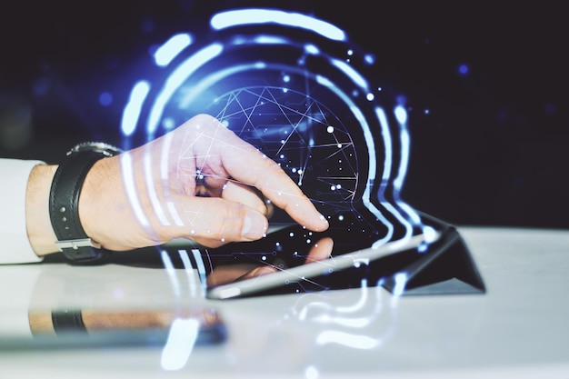 Creative artificial Intelligence concept with human head sketch and finger presses on a digital tablet on background Double exposure