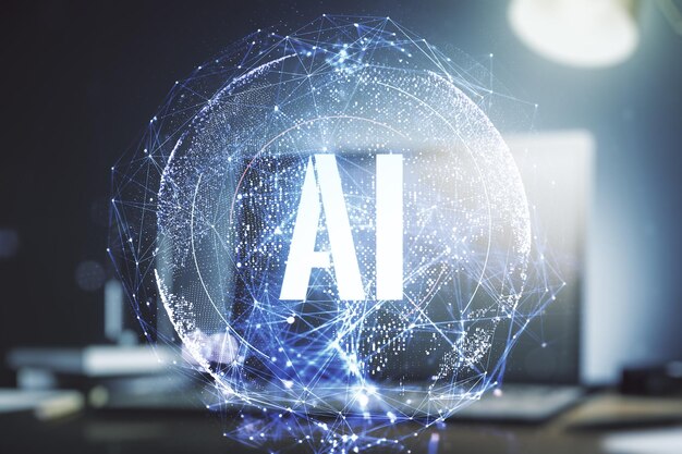 Creative artificial Intelligence symbol concept with modern computer on background Double exposure