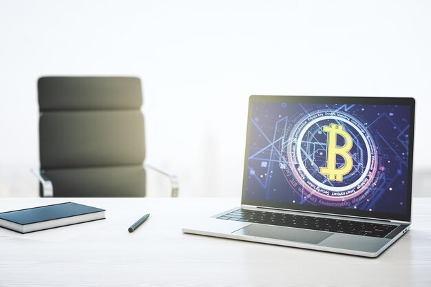 Creative Bitcoin concept on modern laptop screen 3D Rendering
