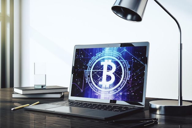 Creative Bitcoin concept on modern laptop screen 3D Rendering