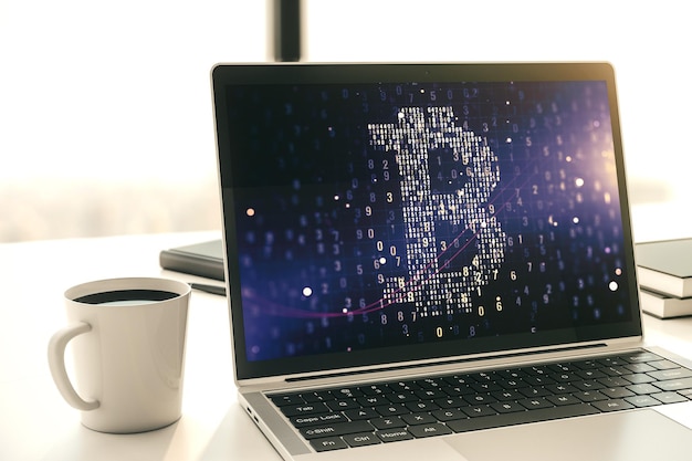 Creative Bitcoin concept on modern laptop screen 3D Rendering