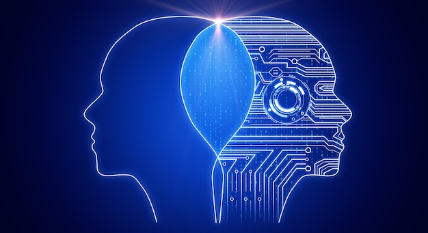 creative circuit head outline on blue background ai and futuristic concept 3d rendering