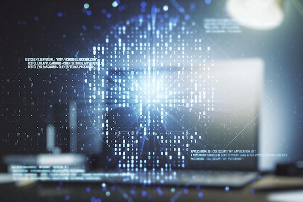 Creative code skull sketch on modern laptop background theft of personal data and malware concept Multiexposure