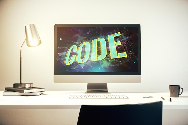 Creative Code word hologram on modern computer monitor artificial intelligence and neural networks concept 3D Rendering