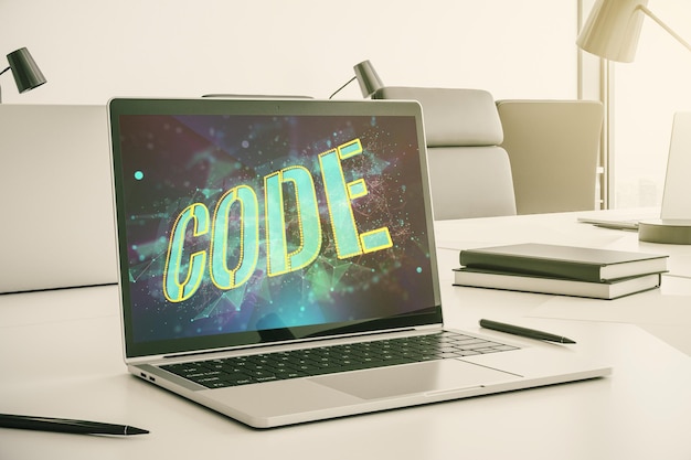 Creative Code word hologram on modern computer monitor artificial intelligence and neural networks concept 3D Rendering