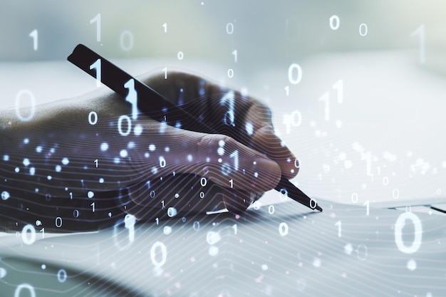 Creative concept of binary code illustration and man hand writing in notebook on background Big data and coding concept Multiexposure