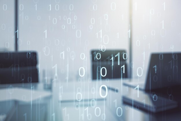 Creative concept of binary code illustration and modern desktop with computer on background Big data and coding concept Multiexposure