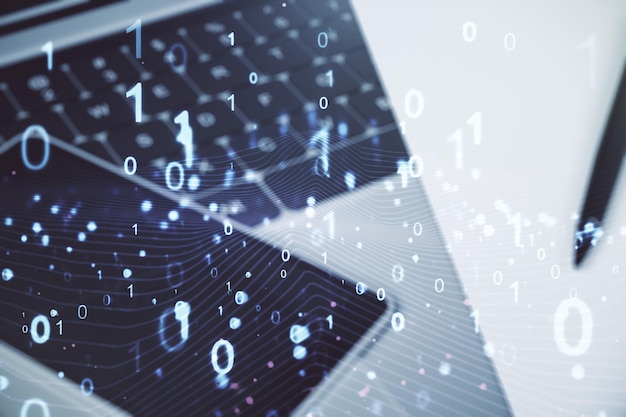 creative concept of binary code illustration on modern laptop background big data and coding concept multiexposure