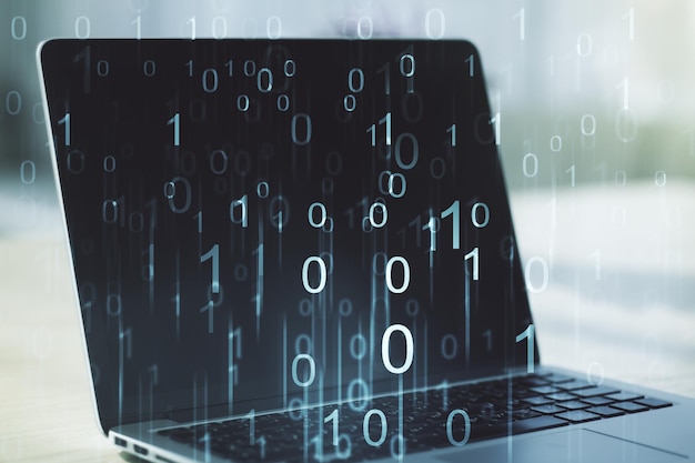 Creative concept of binary code illustration on modern laptop background Big data and coding concept Multiexposure