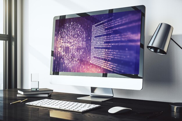 Creative concept of code skull illustration on modern laptop screen Hacking and phishing concept 3D Rendering