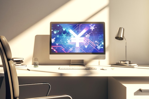creative concept of japanese yen symbol illustration on modern laptop screen trading and currency concept 3d rendering