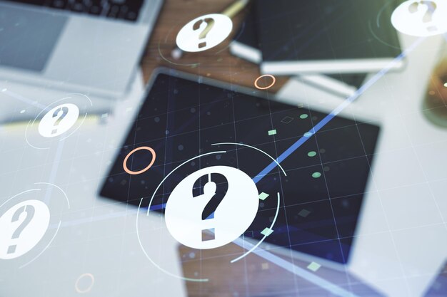 Creative concept of question mark illustration and modern digital tablet on background top view FAQ and search concept Multiexposure