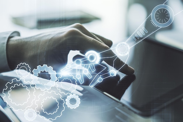 Creative concept of robotics technology and finger clicks on a digital tablet on background Robot development and automation concept Multiexposure