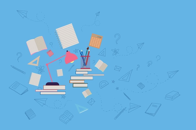 Creative digital back to school banner with items on blue backdrop Education school and college concept 3D Rendering