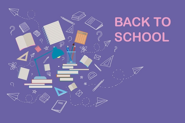 Creative digital back to school banner with items on purple background Education school and college concept 3D Rendering