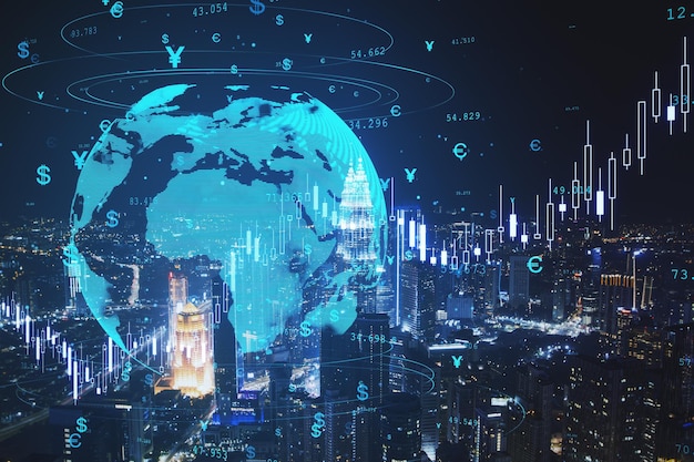 creative globe hologram with money signs and candlestick graph on blurry night city background global trade finance currency and future concept double exposure